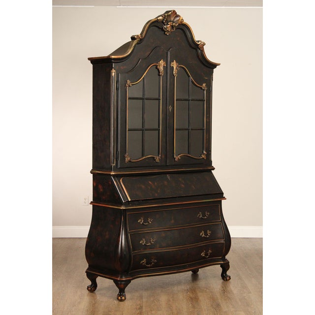 High Quality Faux Tortoiseshell Finish Two-Piece Secretary Bookcase with Partial Gilt Accents and Pair of Glass Doors Over...