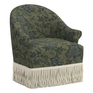 Cecile Ivory Fringe Swivel Chair in Prairie Floral Moss Blue For Sale