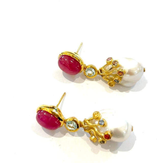 Baroque Bochic "Orient" Ruby, Topaz & Multi Fancy Sapphire Earrings 18K Gold & Silver For Sale - Image 3 of 6