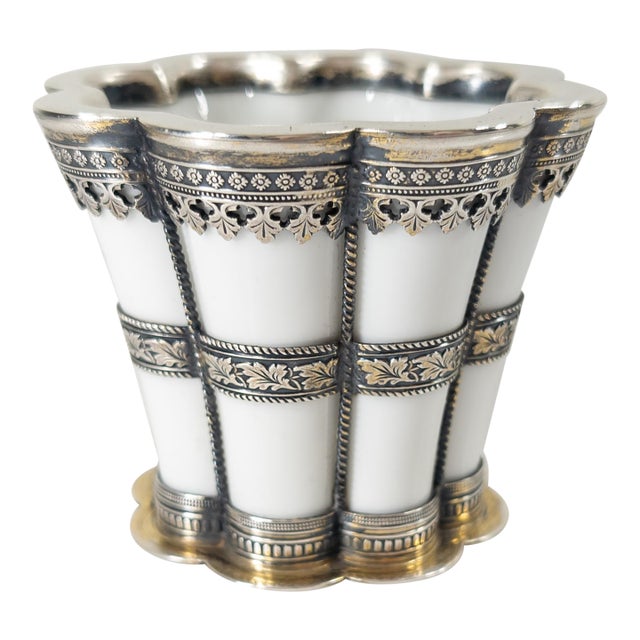 Early 20th Century Danish Royal Copenhagen Porcelain Margrethe Cup With Sterling Silver Mounts For Sale