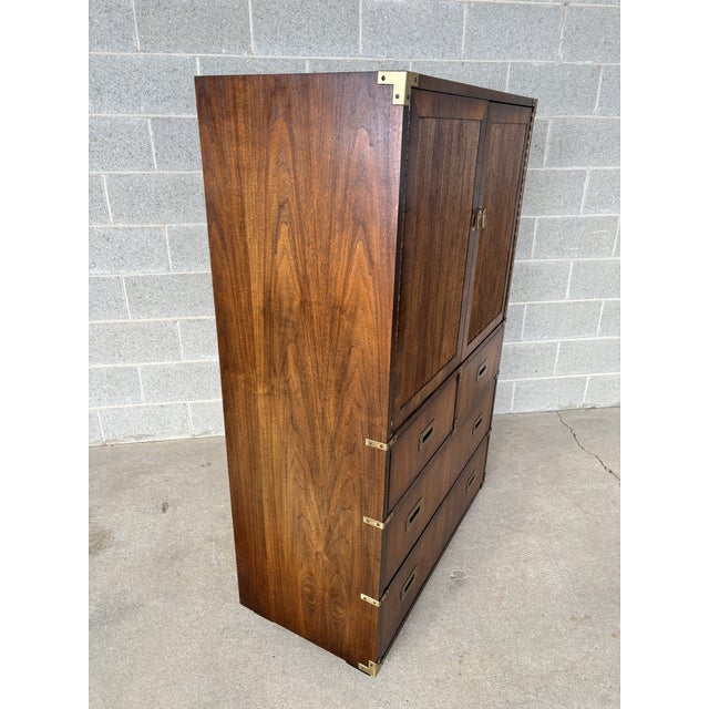 Campaign Mid 20th Century Lane Furniture Campaign Style 5 Drawer Walnut Wardrobe - Gentleman's Chest For Sale - Image 3 of 12