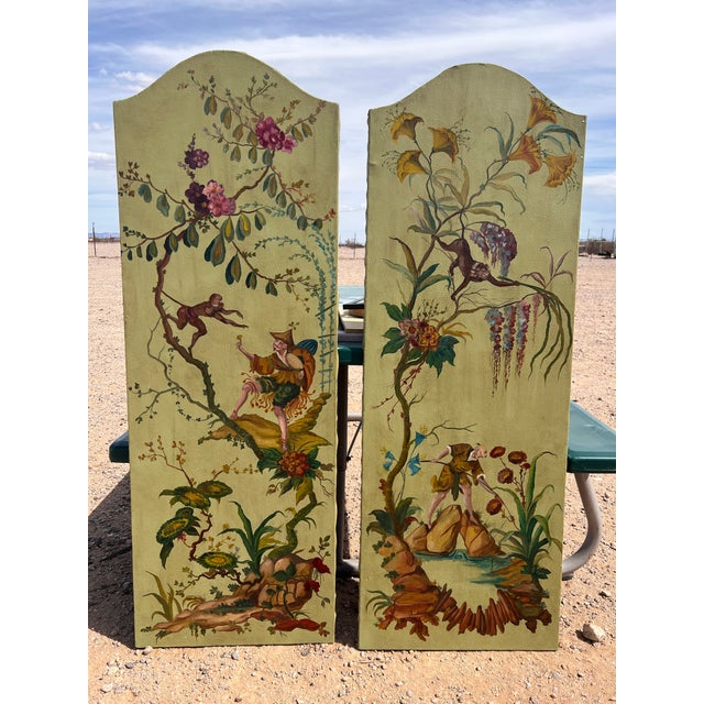Pair of Large Continental Oil on Leather Chinoiserie Painting Panels For Sale - Image 4 of 11