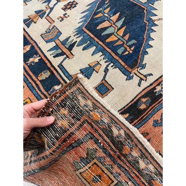 Antique Persian Serapi Diamond Textile in Terracotta, Sunset-clay & Indigo - 9.8 X 16 For Sale - Image 11 of 12