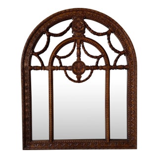 Large John Richard Hand-Carved Walnut Arched Wall Mirror With Ornate Garland Motif For Sale
