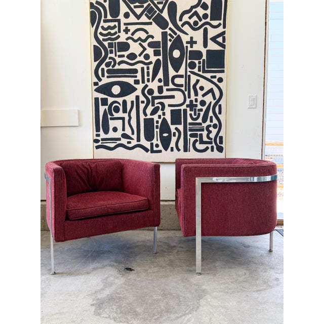 Textile 1970’s in the Style of Harvey Probber - A Pair of Chrome 3 Legged Arm Chairs For Sale - Image 7 of 8