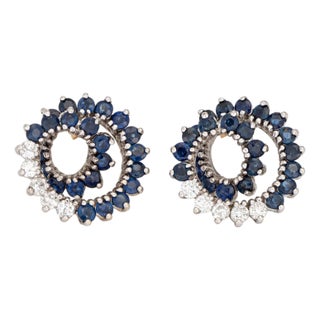 Diamond Sapphire Swirl Earrings Vintage 14k White Gold Round Stud Jewelry, A Pair For Sale