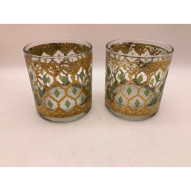 Mid-Century Modern Mid 20th Century Culver Valencia 22kt Gold and Green Diamond Cocktail Glass Set of 2 For Sale - Image 3 of 12