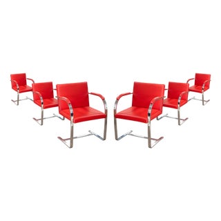 Set of 6 Knoll Brno Flat Bar Chrome Chairs With Authentic Ferrari Red Leather For Sale