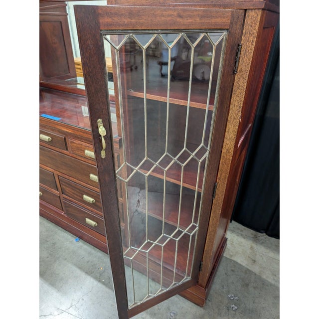 Traditional Solid Mahogany Entertainment Wall Unit With Leaded Glass Display Cabinets and 8 Drawers For Sale - Image 3 of 5