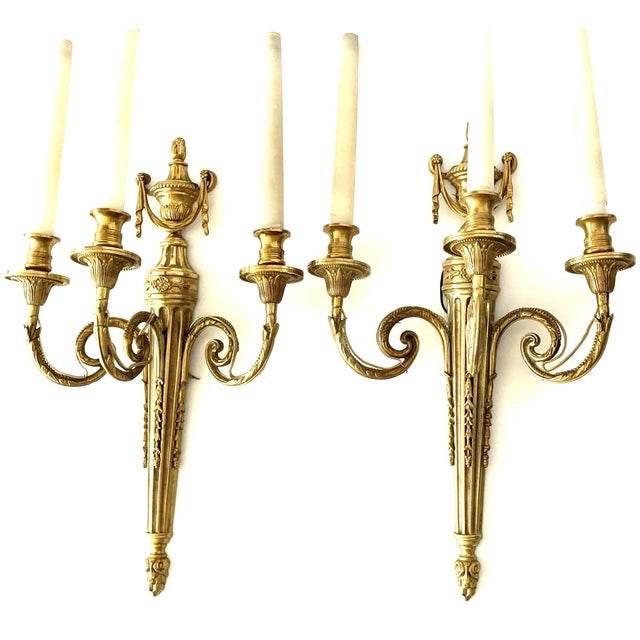 19th Century Monumental Louis XVI French Gilt Bronze Wall Sconces, Set of 2 For Sale - Image 4 of 12