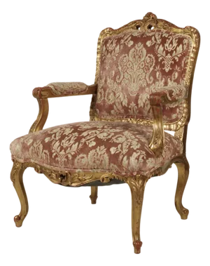 Antique Louis XV-Style Giltwood Cut Velvet Fauteuil Arm Chair