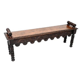 Antique Victorian Carved Oak Bench, 1870s For Sale