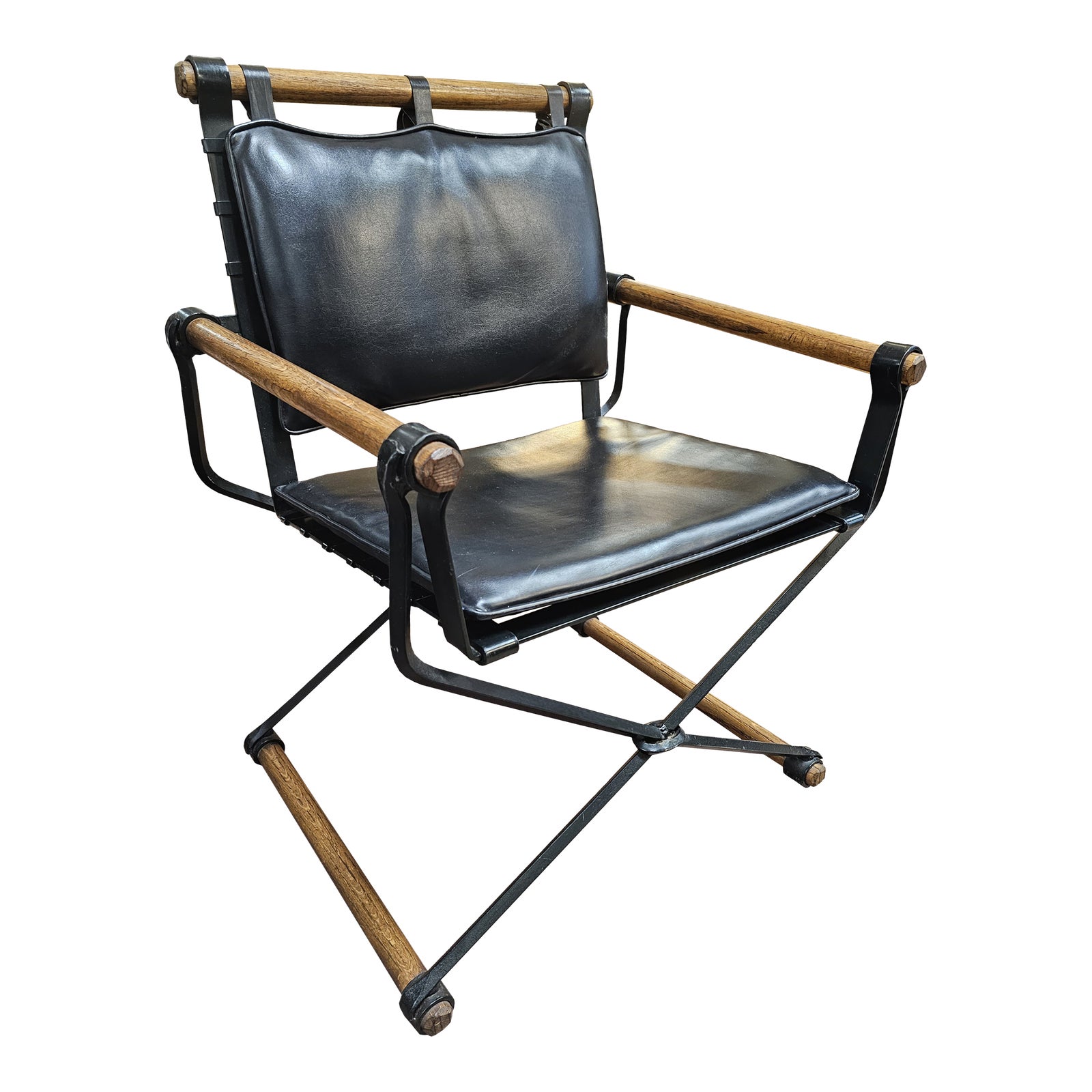 Mid Century Modern Oak and Wrought Iron Campaign Arm Chair by Cleo