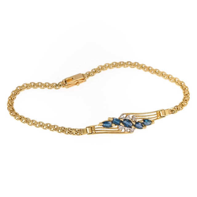 14k Yellow Gold Marquise Sapphire & Diamond Openwork Bracelet Vintage For Sale - Image 4 of 10