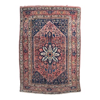 NOMADIC Village Halvai Bidjar with Blooming Medallion in Dusty Rose & Indigo Rug 4.7 x 6.10 For Sale