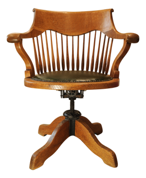 Victorian Oak Fan Back Revolving Desk Chair with Racing Green Leather Seat & Brass Studs, 1890s