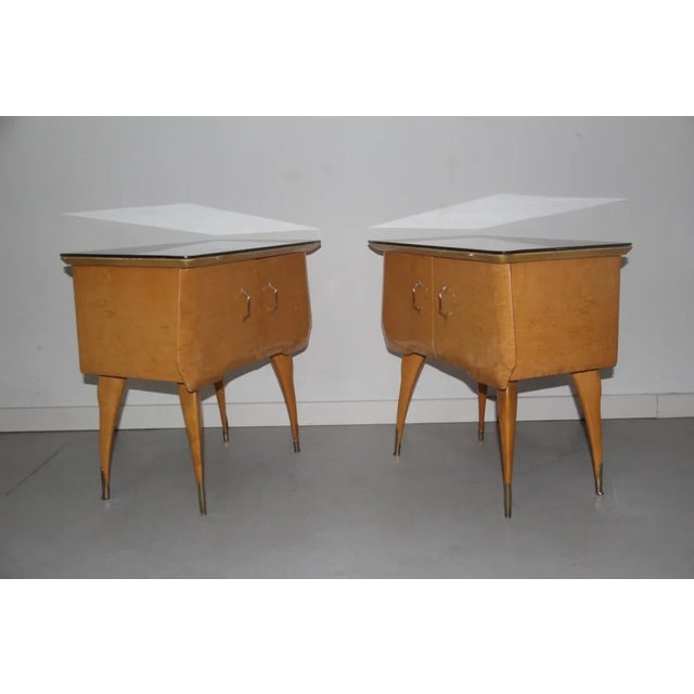 Beige Italian Maple, Brass & Colored Glass Nightstands, 1960s, Set of 2 For Sale - Image 8 of 13