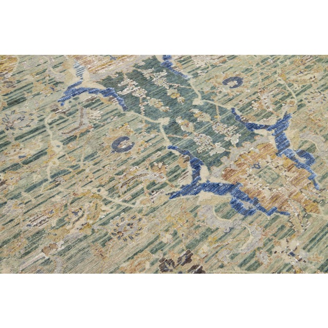 Green Artisan Collection Handmade Indian Wool & Silk Rug in Green With Floral Design For Sale - Image 8 of 9