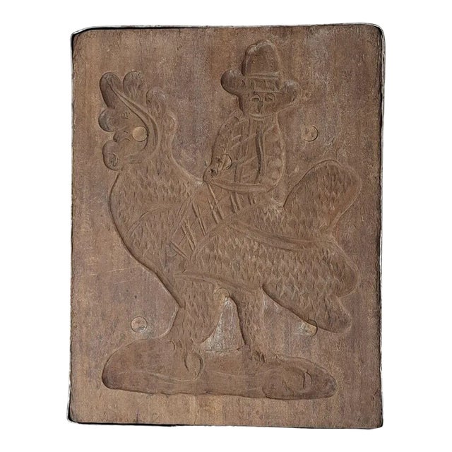 Antique Carved Wood a Man Riding Rooster Springerle Cookie Board Mold Folk Art, 18th Century For Sale