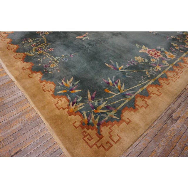 Textile 1920s Green Floral Modernist Chinese Art Deco Carpet 8'10" X 11'5" Knotted Wool Rug For Sale - Image 7 of 13