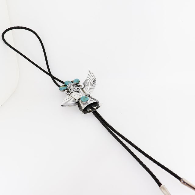 Zuni Sterling Silver & Turquoise Cabochon Kachina Bolo Tie For Sale - Image 10 of 18