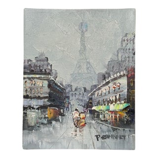 Vintage Impressionist Paris Street Scene Original Oil Art Painting on Canvas, Blue Gray, Light Green, Orange For Sale