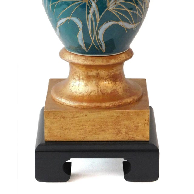 Designed by Marbro Lamp Co., each ovoid-form lamp decorated with slender wheat sheaths resting on a gilt-metal base over...