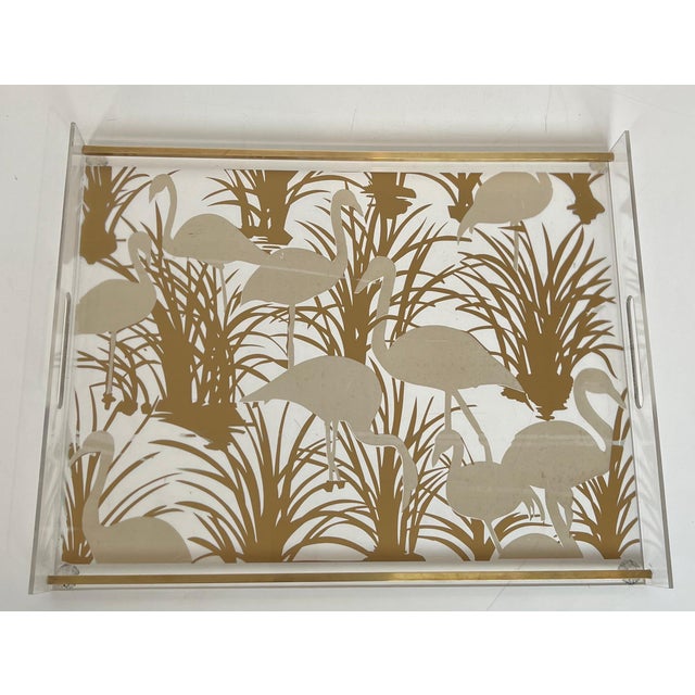 Pair of Lucite and brass trays decorated with gilded birds For Sale - Image 6 of 12