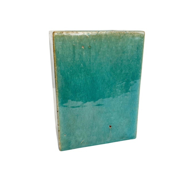 Chinoiserie Antique 19th Century Chinese Export Porcelain Aqua Green Monochrome Glaze Pillow Form Flower Brick Block Vase For Sale - Image 3 of 9