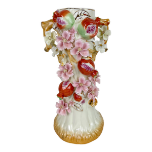 Vintage Floral Pomegranate Encrusted Tree Stump Porcelain Vase