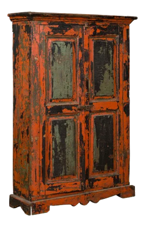 19th Century Indian Hand-Painted Orange and Green Cabinet with Distressed Patina