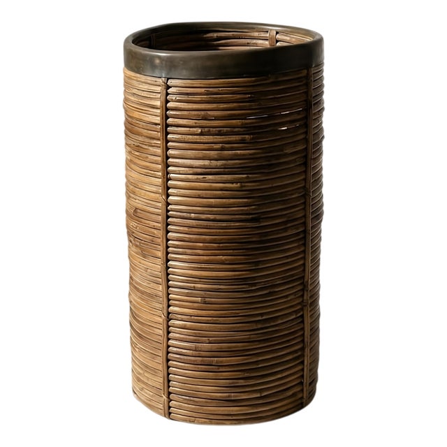 Mid-Century Modern Italian Pencil Reed Rattan and Brass Umbrella Stand, 1970s For Sale