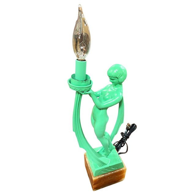 Metal 1930s French Green Spleter Metal Art Deco Style Biba Lamp on Marble by Jacques Limousin For Sale - Image 7 of 9