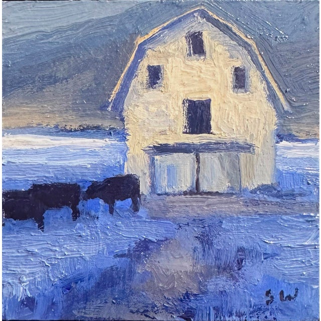 Feeding Time by Seth Winegar | Oil on panel Painting of a barn with cows in a snowy landscape For Sale