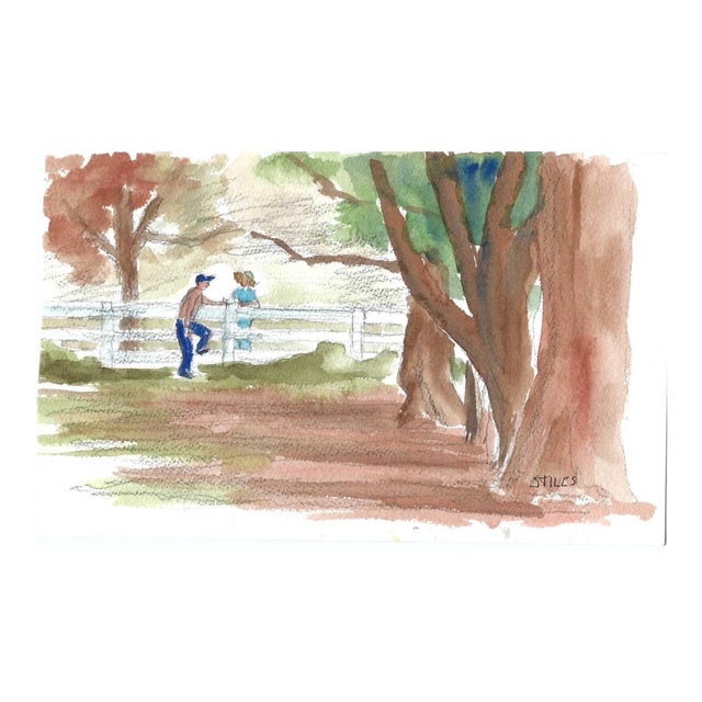 Martha Stiles Landscape With Figures Watercolor For Sale