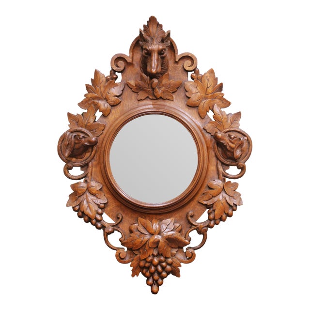 19th Century French Black Forest Carved Oak Wall Mirror With Hunting Motifs For Sale