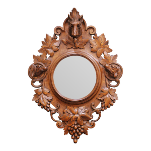 19th Century French Black Forest Carved Oak Wall Mirror With Hunting Motifs