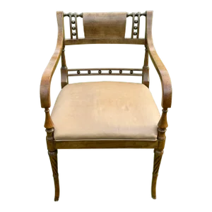1980s Art Deco Style Slat Back Solid Wood Armchair With Leather Seat & Carved Legs