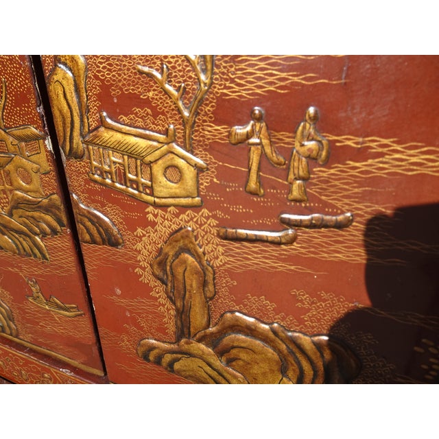 Antique Storage Cabinet Oriental Chinese Red Lacquer Chinoiserie W Stand & Brass For Sale - Image 12 of 18
