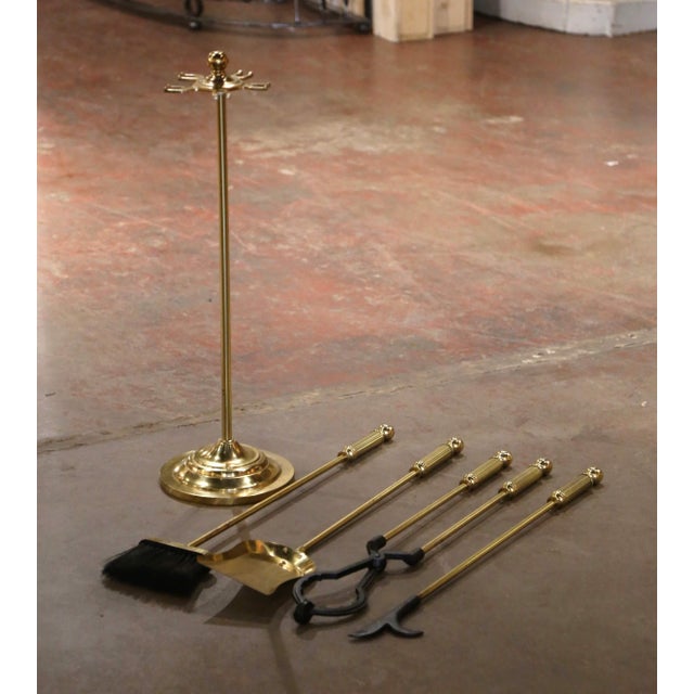 Vintage French Brass Fireplace Four-Piece Tool Set on Stand For Sale In Dallas - Image 6 of 7