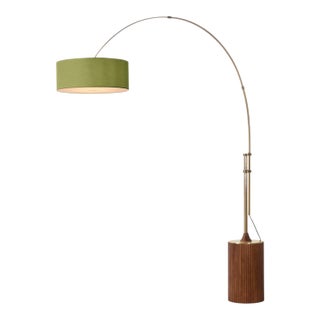 1980s Tambo 92"h 1-Light Arc Lamp, Avocado Linen Shade, Dark Walnut Base, Weathered Brass, Dimmable, for Living Room or Bedroom For Sale