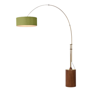 1980s Tambo 92"h 1-Light Arc Lamp, Avocado Linen Shade, Dark Walnut Base, Weathered Brass, Dimmable, for Living Room or Bedroom