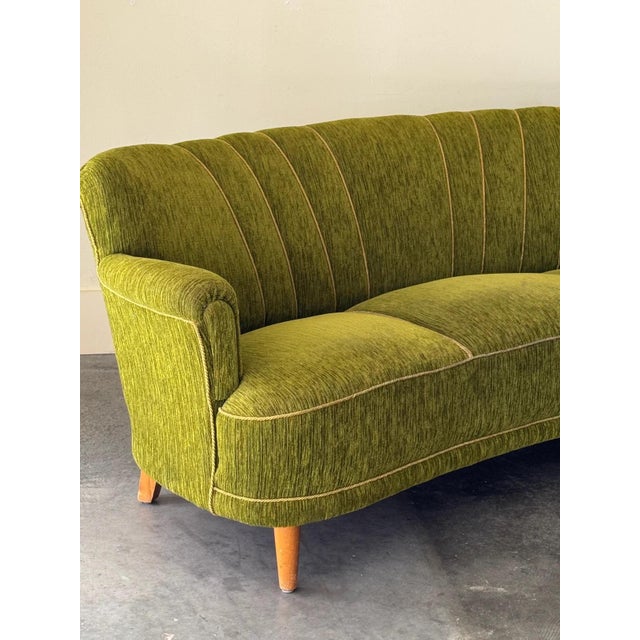 Sourced for its amazing original fabric in a warm green striped chenille with rope piping. Shows wear from age but...