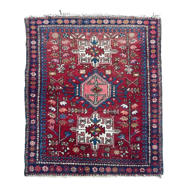 Vintage Persian Tribal Karaja 2 Toned Reds Rug 3.6 x 4.6 For Sale