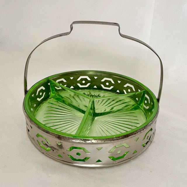 Art Deco Vintage Green Depression Glass Silver Relish Tray For Sale - Image 3 of 8