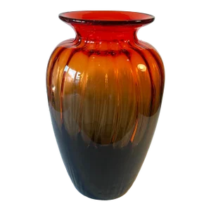 Lart Fluted Art Glass Vase Brown Orange Red Ombre