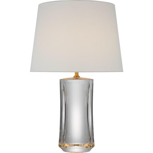 Transitional Julie Neill by Visual Comfort Signature Figlia 27" Cordless V-Cut Round Table Lamp in Crystal with Linen Shade For Sale - Image 3 of 3