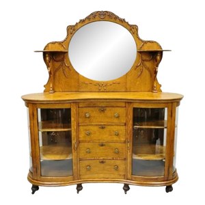 Antique Victorian Tiger Oak Carved Paw Foot Curio Cabinet Base Buffet