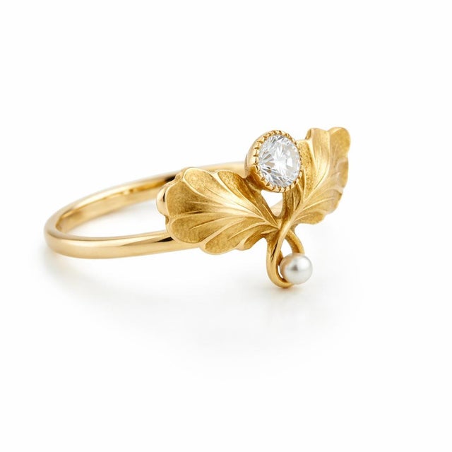 Art Nouveau–Inspired Moissanite and Pearl Botanical Ring in 14k Gold, Size 7.5 For Sale - Image 6 of 10