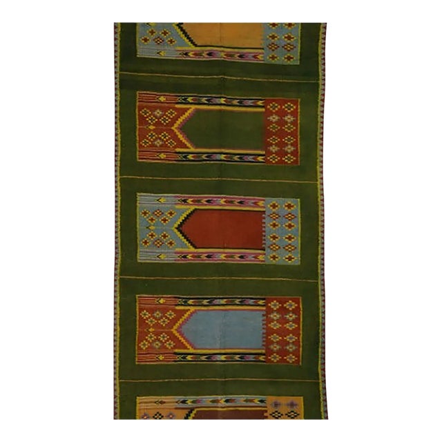 Vintage Dhurrie Extra-Long Geometric Runner Rug in Green | Rug & Kilim For Sale